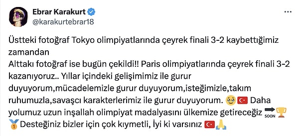 Takımın göz bebeği Ebrar ise 2021 yılında Tokyo Olimpiyatlarındaki mağlubiyet fotoğrafı ile bugünün zafer fotoğrafını paylaşarak teşekkür etti. İşte duygu dolu o karşılaştırma 👇