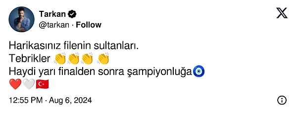 Twitter hesabından kızlara seslenen Tarkabi "Hadi yarı finalden son şampiyonluğa!" dedi.