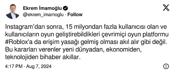 İstanbul Büyükşehir Belediye Başkanı Ekrem İmamoğlu da yasağa böyle tepki gösterdi. 👇