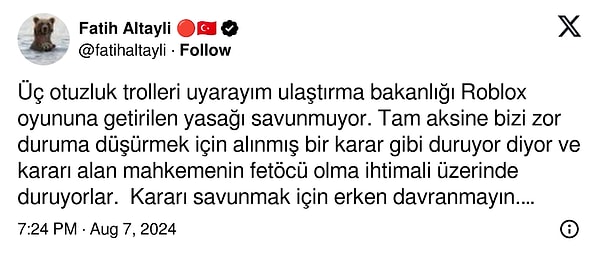 Altaylı’ya göre, bakanlık Roblox’u kapatan mahkeme için “Fetöcü” olma ihtimali üzerinde duruyormuş.