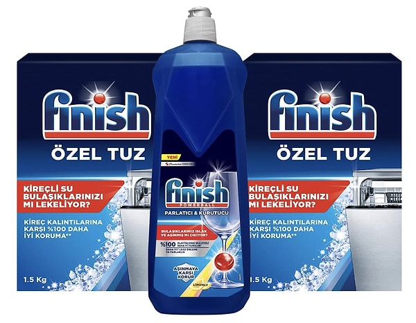 Finish Bulaşık Makinesi Parlatıcı & Kurtucu, Limon, 800ml + Tuz, 2x1500gr