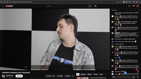 9 Ağustos’ta, daha önce MrBeast kanalının sahte çekilişler düzenlediği ve içerikleri kurguladığı iddialarında bulunan eski çalışan DogPack404, yeni bir video yükleyerek ünlü YouTuber’ın bilinçli olarak bir “sabıkalı cinsel suçlu”yu işe aldığını öne sürdü.