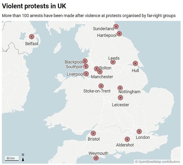5. Birleşik Krallık'a bağlı İngiltere'deki aşırı sağ protestolarının yaşandığı bölgeler.