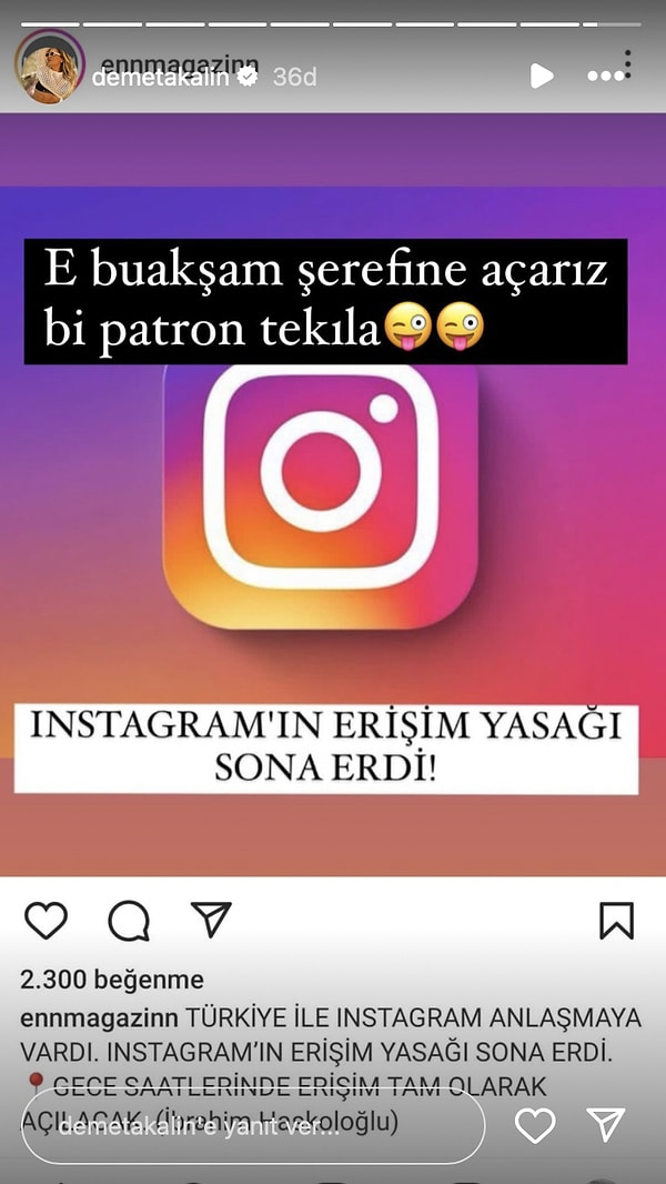 Sonunda muradına eren Demet Akalın, sosyal medya hesabından yaptığı paylaşımda Instagram'ın açılmasının şerefine tekila patlatacağını açıkladı!