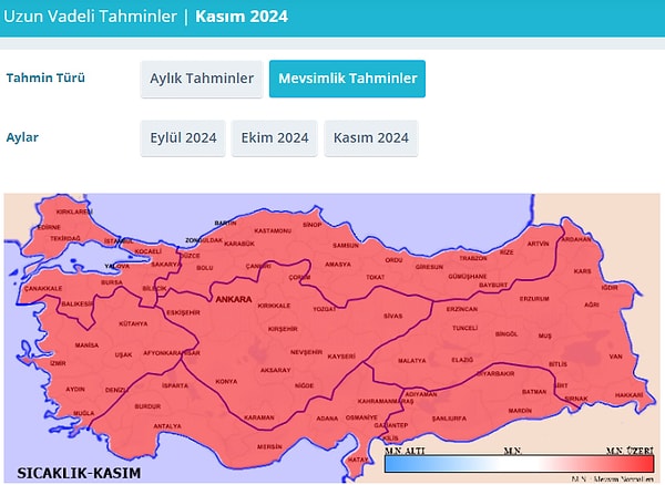 Kasım ayı tahminlerine göre ise hava sıcaklığının, yurt genelinde mevsim normallerinin 1 ila 2 derece üzerinde seyredeceği bekleniyor. Yağışın yurt genelinde mevsim normalleri civarında gerçekleşeceği öngörülüyor.