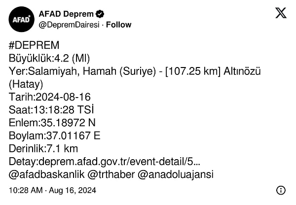 AFAD, bu depremden hemen sonra aynı bölgede 4.2 büyüklüğünde deprem yaşandığını da duyurdu.