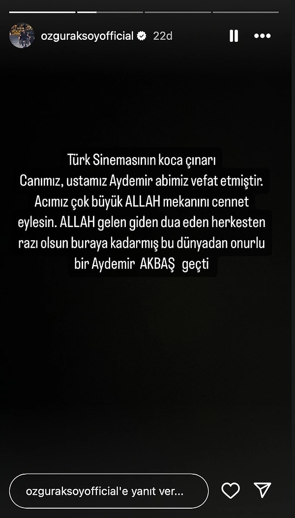 Dün gece saatlerinde ise usta oyuncunun menajeri sosyal medya hesabından yaptığı paylaşım ile kanseri defalarca yenen Akbaş'ın bu kez hastalığa yenik düşerek hayatını kaybettiğini duyurdu.