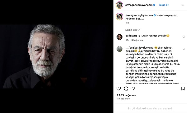 Instagram hesabından hayatını kaybeden usta oyuncu Aydemir Akbaş'ı anan Armağan Çağlayan, bu sefer de bir takipçisinin Akbaş için yaptığı yoruma sinirlendi.