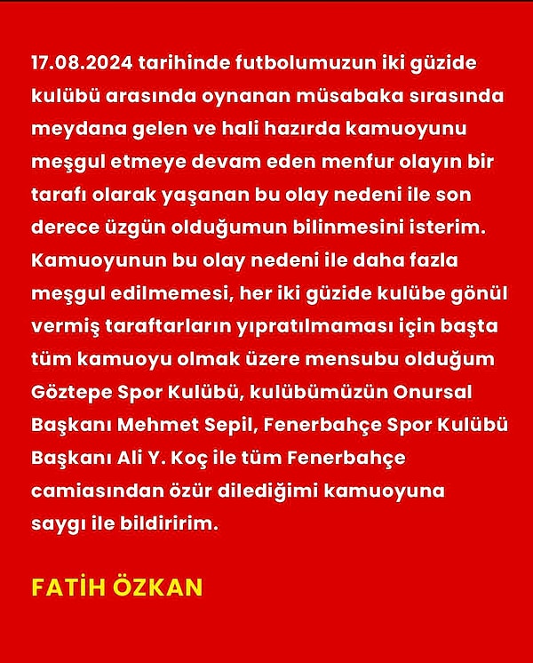 Fatih Özkan, sosyal medyadan yaptığı açıklamada şu ifadelere yer verdi: