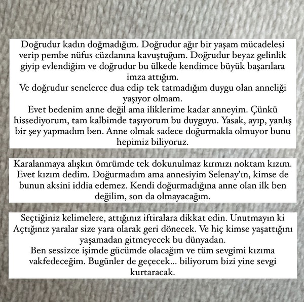 "Tüm sevgimi kızıma vakfedeceğim. Bugünler de geçecek... biliyorum bizi yine sevgi kurtaracak" diyerek sözlerini noktalayan fenomenin paylaşımını da buradan okuyabilirsiniz: