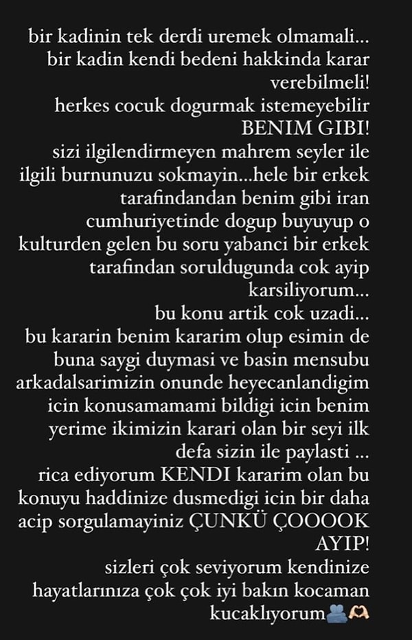 "Bir kadının tek derdi üremek olmamalı" ifadelerini kullanan Samar Dadgar muhabirlerin sorduğu bebek sorusunu 'ayıplayarak' sözlerini noktaladı.