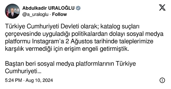 Uraloğlu, Instagram yetkililerinden sansür konusunda ortak bir çalışma yapılacağı sözünün alındığını duyurdu.