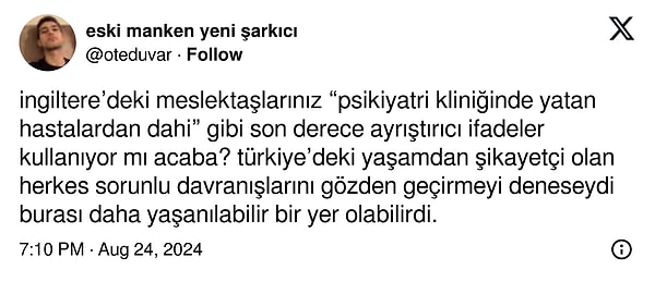 Bu paylaşım üzerine çeşitli tepkiler geldi. Bazıları eleştiride bulunarak, Türkiye’de yaşam koşullarından şikayet edenlerin sorunlu davranışlarını gözden geçirmesi gerektiğini ifade ederken,