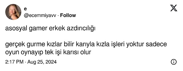 Bir X kullanıcısı gamer erkeklere nasıl desek, "fazlasıyla yükseldiğini" söyleyerek bombayı ortaya bıraktı.