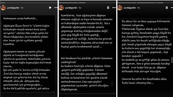 Instagram hesabından gelinlerine zehir zemberek sözler söyleyen Yurda Gürler sözlerini "Ben o yolun sonunda kardeşi olarak o ne kadar bizi şu an düşman bellese de orda duruyor olacağım. Umarım bu sefer bir öncekinden daha fazla hasar almamış olur...." diyerek bitirdi.