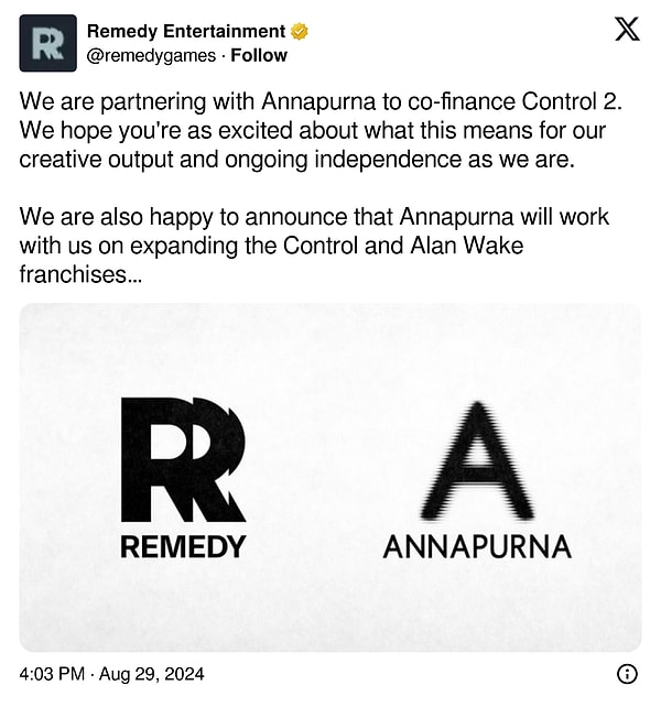 Remedy Control ve Alan Wake'in dizi ve film uyarlamaları için oyun dünyasının bir diğer sevilen şirketi Annapurna ile ortaklığa gittiklerini açıkladı.