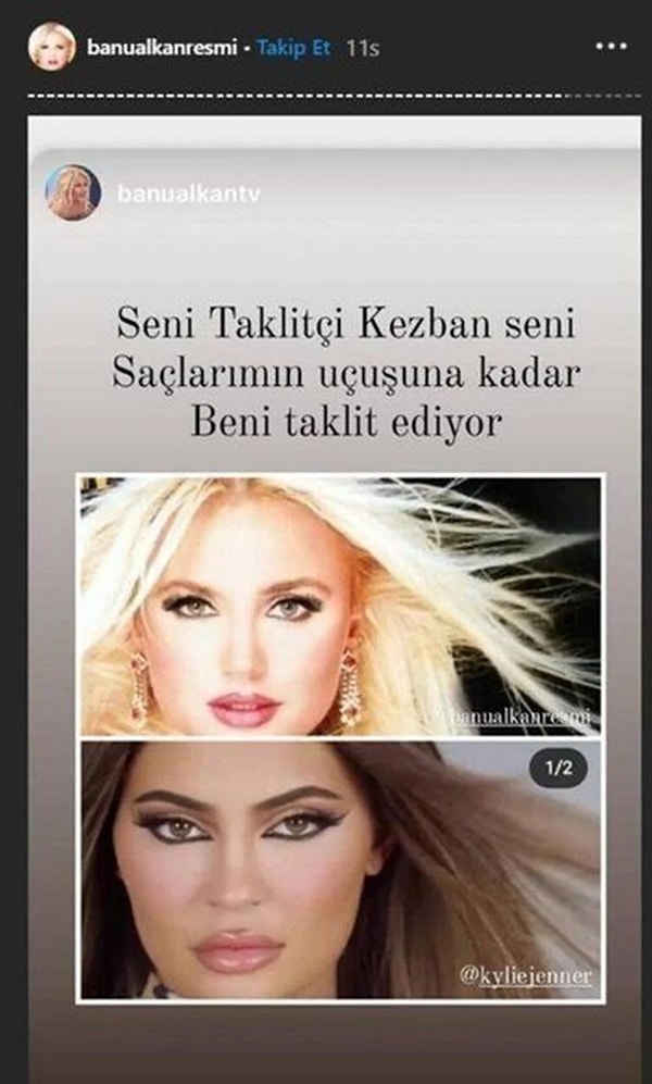 2020 yılına geldiğimizde ise bu iki bağımsız ismi birleştiren ve magazin gündemini uzun bir süre meşgul edecek bir olay yaşanarak Banu Alkan ve Kylie Jenner sataşması sosyal medya üzerinden başladı. Alkan, ''Seni taklitçi kezban'' diyerek Jenner ile benzer açılardan çekilmiş bir fotoğrafını paylaşıp taklit edildiğini iddia etti.