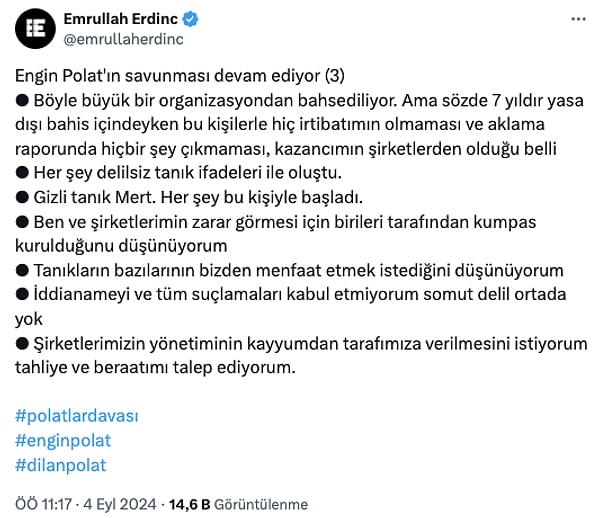 "Şirketlerimizin yönetiminin kayyumdan tarafımıza verilmesini istiyorum tahliye ve beraatımı talep ediyorum."