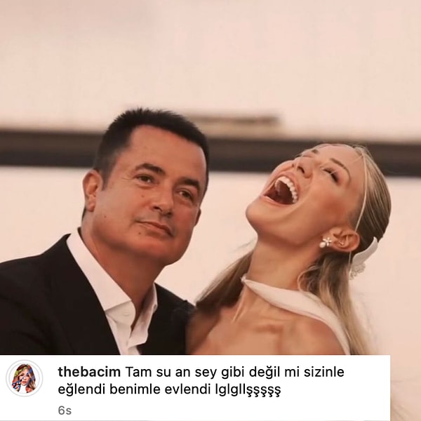 Düğüne gidemeyen Hadise ve Seda Sayan'ın aksine herhangi bir tebrik mesajı paylaşmayan Burcu Esmersoy, Çağla Altunkaya'nın Acun'la fotoğrafındaki neşesine yapılan bir yoruma beğeni bırakmış bulundu 🙈