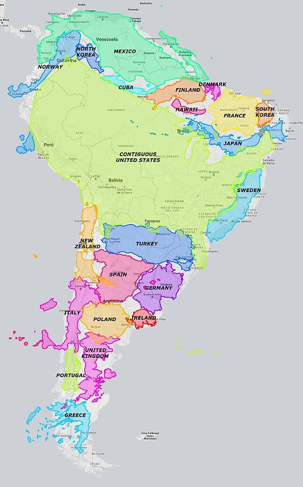 8. Güney Amerika kıtası şu ülkelerin toplamı kadar: Norveç, Kuzey Kore, Meksika, Küba, Finlandiya, Danimarka, Fransa, Güney Kore, Japonya, ABD, İsveç, Yeni Zelanda, İrlanda, Türkiye, İspanya, Almanya, Polonya, Birleşik Krallık, Portekiz ve Yunanistan.