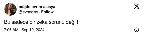 Kısa sürede sosyal medyanın gündemine oturan bu hareketleri gören ünlü oyuncu, Twitter (X) hesabından "Bu sadece bir zeka sorunu değil!" diyerek tepkisini gösterdi.