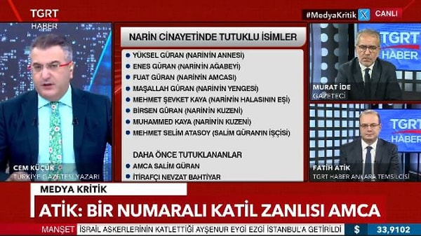 "Savcılık ifadelerinde 19 yaşındaki abi Enes Güran bir şey yaparken Narin'e yakalanıyor. Narin'in gördüğünü gören ve bunu söyleyeceğinden çekinen abi Narin'i boğazlıyor'' diyen Cem Küçük sözlerine şöyle devam etti: