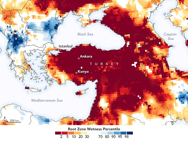 NASA, Türkiye'nin yeraltı su seviyelerinin düşüklüğüne vurgu yapmış, barajlardaki su seviyesinin son 15 yılın en düşük seviyesine geldiğini söylemişti.