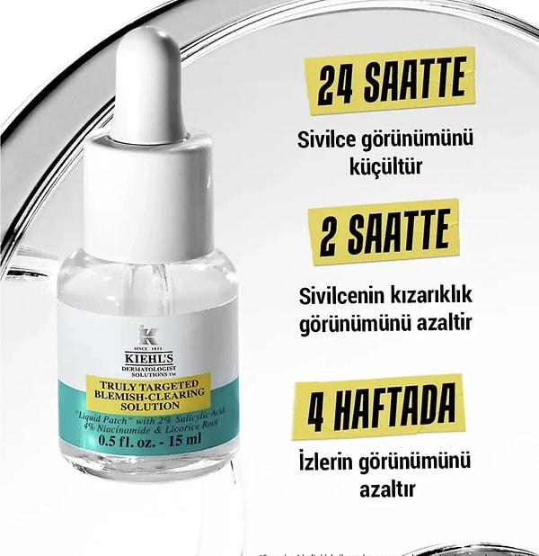 Kiehl's Truly Targeted Blemishclearing Solution Serum ciltteki sivilce ve sivilce izlerini hedef almak üzere özel olarak tasarlanmış.