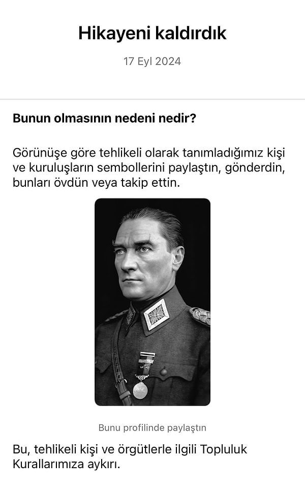 Mustafa Kemal Atatürk'ün fotoğrafının "topluluk kurallarına" aykırı olduğu gerekçesiyle kaldırıldığı iddia edildi.