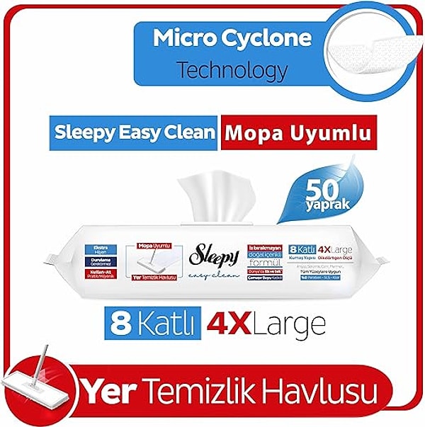 11. Sleepy Easy Clean Çamaşır Suyu Katkılı Mopa Uyumlu Yer Temizlik Havlusu