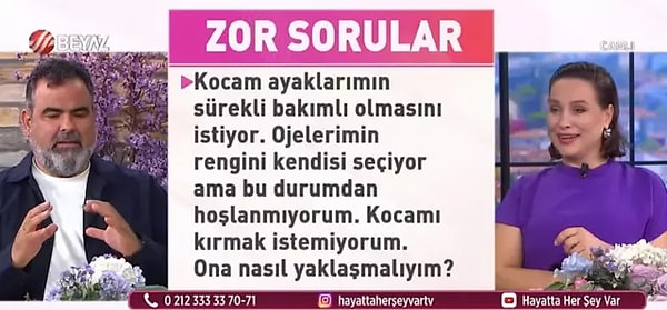 Nur Viral, izleyicinin "Kocam, ayaklarımın sürekli bakımlı olmasını istiyor. Ayakları benim için önemli bir unsur. Ojelerimin rengini bile kendisi seçiyor. Ancak bu durumdan rahatsızım ve kocamı da kırmak istemiyorum. Bu durumda ne yapmalıyım?" şeklindeki sorusunu okuyunca şaşırdı.