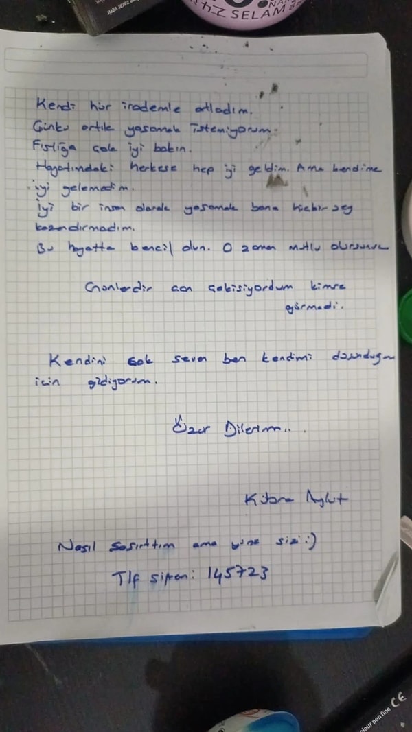 Aykut veda mektubunda, “Kendi hür irademle atladım. Çünkü artık yaşamak istemiyorum. Fıstığa çok iyi bakın. Hayatımdaki herkese çok iyi geldim. Ama kendime iyi gelemedim. İyi bir insan olarak yaşamak bana hiçbir şey kazandırmadı. Bu hayatta bencil olun. O zaman mutlu olursunuz. Günlerdir can çekişiyordum, kimse görmedi. Kendimi çok seven ben kendimi düşündüğüm için gidiyorum. Özür dilerim. Nasıl şaşırttım ama yine sizi” diye yazdı.