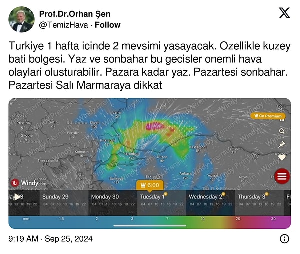 Prof. Dr. Orhan Şen, sosyal medya hesabı X'ten yeni bir paylaşım gerçekleştirdi. Türkiye'nin 1 hafta içinde iki mevsim yaşayacağını belirten Prof. Dr. Şen, "Pazara kadar yaz, pazartesi sonbahar. Pazartesi ve salı Marmara'ya dikkat" dedi.