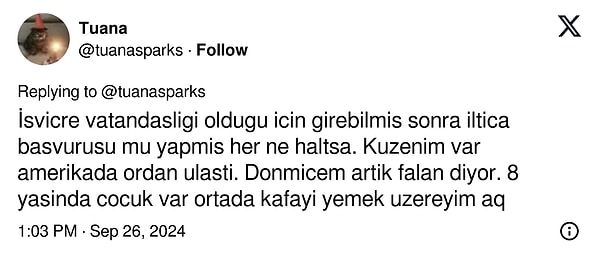 Abisinin İsviçre vatandaşı olduğunu ve bu nedenle Amerika'ya giriş yapabildiğini belirten kullanıcı, aile üyeleri ve arkadaşlarının bu durumdan habersiz olduğu da ekledi.👇