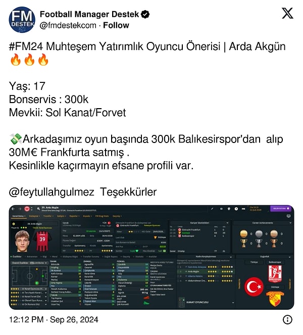 Tesadüfler silsilesi bir FM hesabının X'te değerlendirilebilecek wonderkid önerisi yapmasıyla başladı.