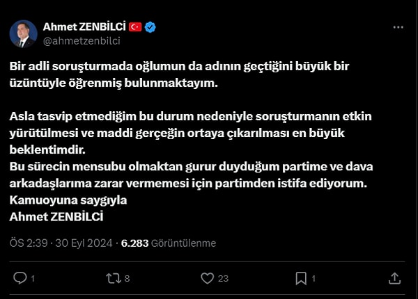 AK Parti Adana Milletvekili Ahmet Zenbilci, partisinden istifa ettiğini duyurdu. Zenbilci konu ile ilgili yaptığı paylaşımda şu ifadeleri kullandı: