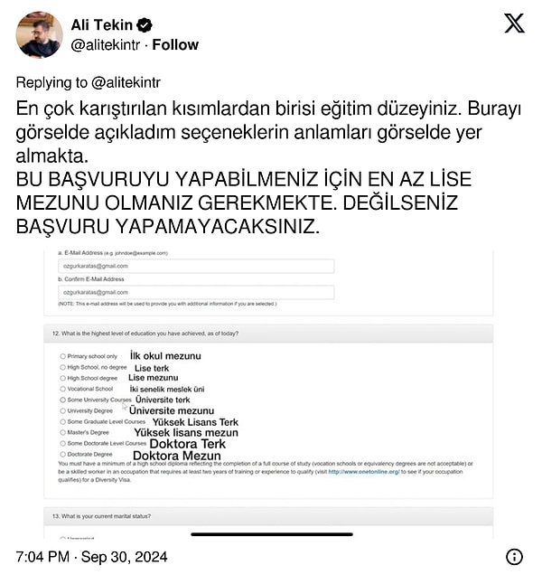 "Green Card başvurusu yapabilmeniz için en az lise mezunu olmanız gerekiyor." 👇