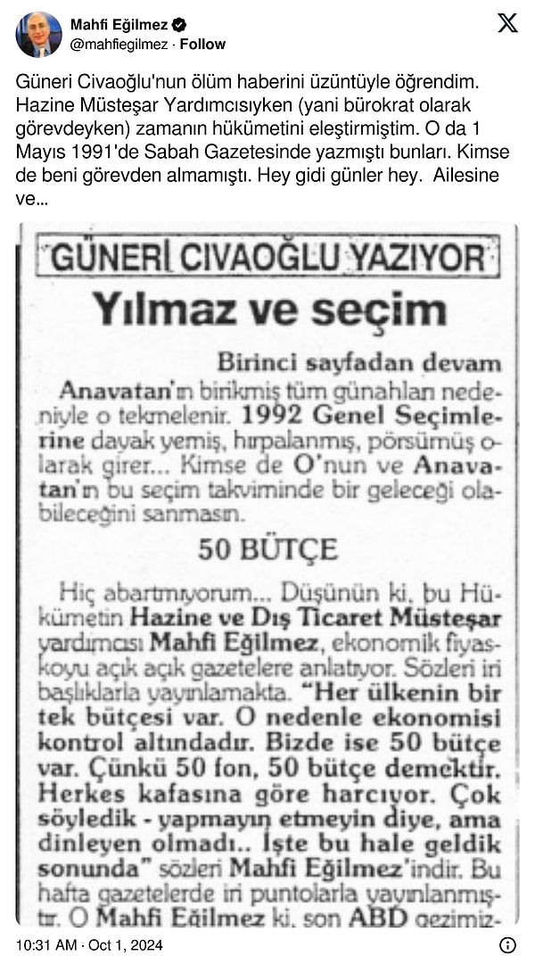 "Kimse beni görevden almamıştı" diyen Eğilmez, 1 Mayıs 1991 tarihli gazete kupürünü paylaştı.