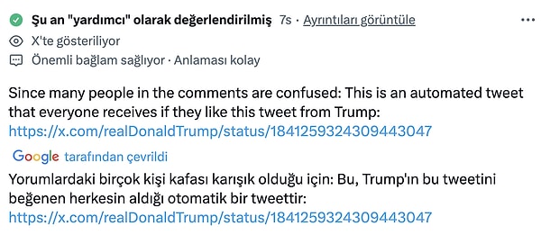 X'te (Twitter) paylaşılan bir nota göre bu mesajların Trump'ın bir tweetini beğenenlere giden otomatik bir bot olduğu ortaya çıktı.