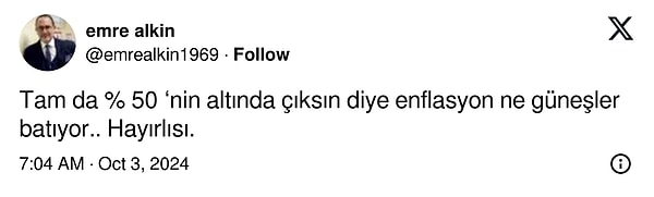 Prof. Dr. Emre Alkin: "Tam da % 50 ‘nin altında çıksın diye enflasyon ne güneşler batıyor.. Hayırlısı."