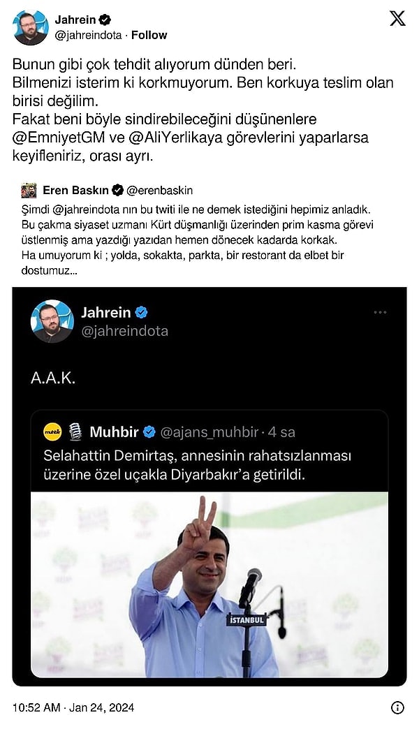 Yaklaşık 22 gündür tutuklu bulunan Jahrein, Selahattin Demirtaş hakkında yaptığı “A.A.K.” paylaşımı nedeniyle de yargılanıyordu.