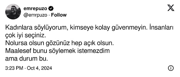 Sosyal medya platformu X üzerinden "Kadınlara söylüyorum, kimseye kolay güvenmeyin." sözleriyle başlayan tavsiyeler ise bir kez daha kafaları karıştıyor: Sizce hâlâ önlem alması gereken kadınlar mı?