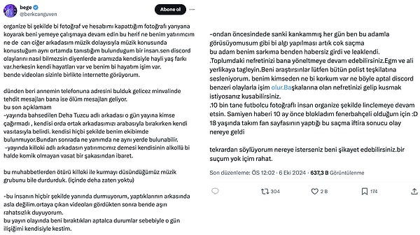 Ardından o paylaşımı silen ünlü fenomen bu sefer de "Organize bir şekilde bir fotoğraf ve hesabımı kapattığım fotoğrafı yanyana koyarak beni yemeye çalışmaya devam edin bu herif ne benim yatırımcım ne de can ciğer arkadaşım müzik dolayısıyla müzik konusunda konuştuğum aynı ortamda tanıştığım bulunduğum bir insan" yazılı paylaşımıyla öne çıktı.