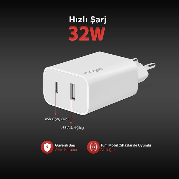 mojue by ttec MS13 Duo PD 32W Seyahat Hızlı Şarj Aleti USB-C+USB