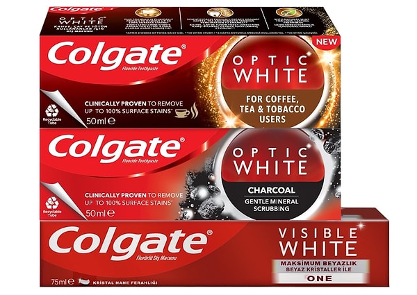 9. Colgate Optic White Çay, Kahve, Diş Macunu, 50 ml + Visible White Diş Macunu, 75 ml + Optic White Kömür, 50 ml