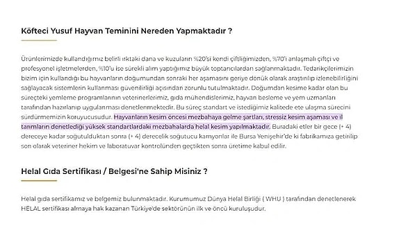 Döner ve köfte numunelerinde domuz eti bulunan Köfteci Yusuf'un internet sitesinde yer alan açıklamada helal sertifikası konusunda öncü firma olduğu anlatılıyordu 👇