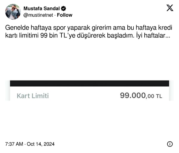 Sandal, limiti 100 bin TL olan kredi kartının limitini düşürdüğünü paylaştı.