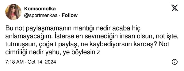 Kullanıcının bu durumu iki farklı görüşü de beraberinde getirdi. Bazı kullanıcılar not paylaşmamanın bencillik olduğunu savunurken,