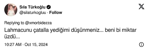 Gördüğünüz üzere aşka düştük ama lahmacunu çatal bıçakla yiyecek kadar delirmedik diyor Sıla Türkoğlu... 😂 Daha ne desin! Umarız öyledir...