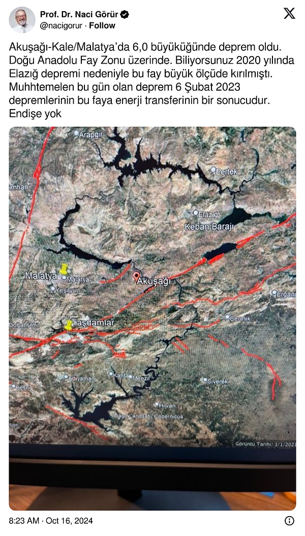 Yer Bilimci Prof. Dr. Naci Görür, Malatya’da meydana gelen son depremle ilgili bir tweet paylaştı. Görür’ün paylaşımı şöyle: